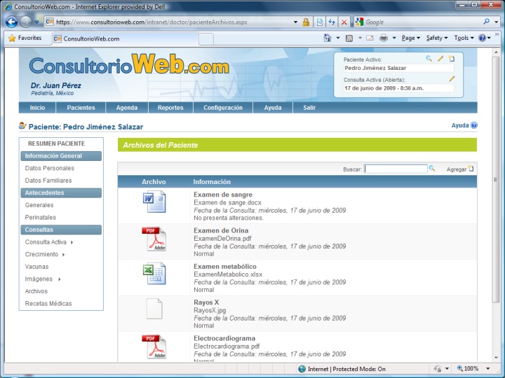 ConsultorioWeb.com le permite adjuntar diferentes tipos de archivos a la consulta del paciente.